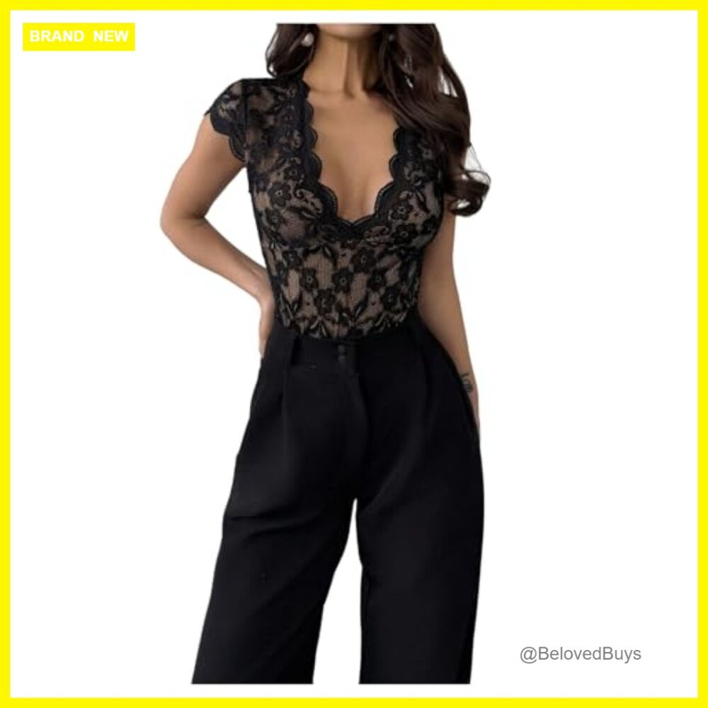 Sexy Floral Lace Trim Bodysuit Backless Deep V Neck Lingerie Jumpsuit Romper - Picture 6 of 7